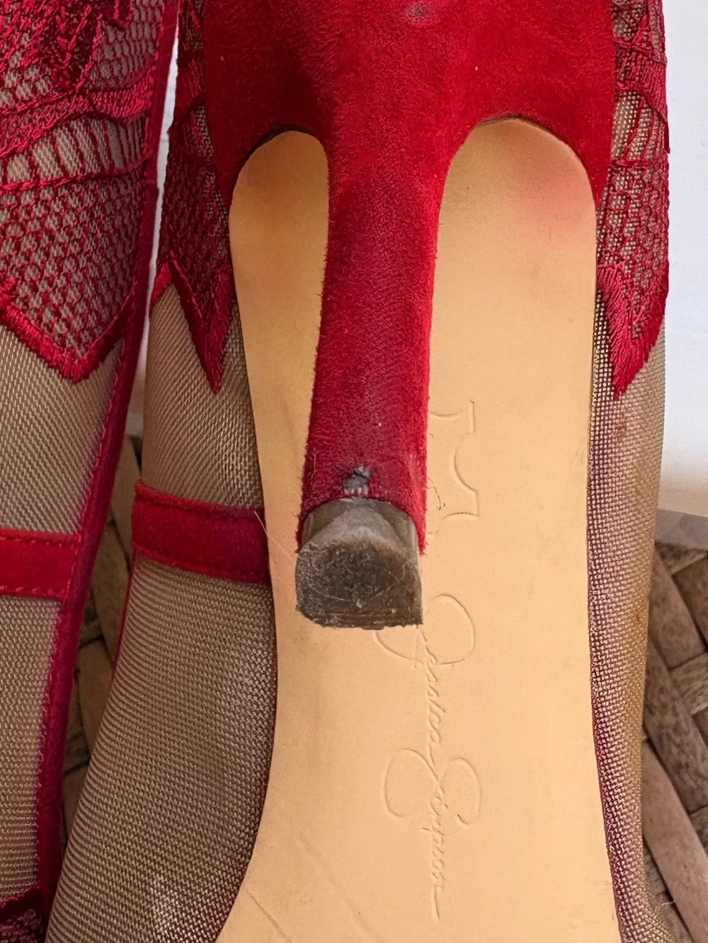 Jessica Simpson Red Lace Mesh Pointed Toe Stiletto Heels Women’s Size 10